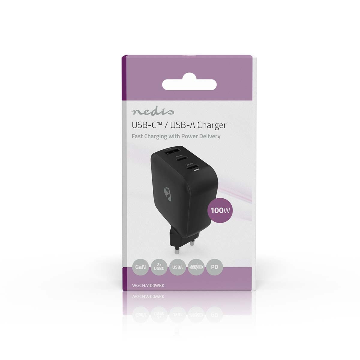 100W GaN Wall Charger, 3 Ports, USB-C PD & USB-A Quick Charge