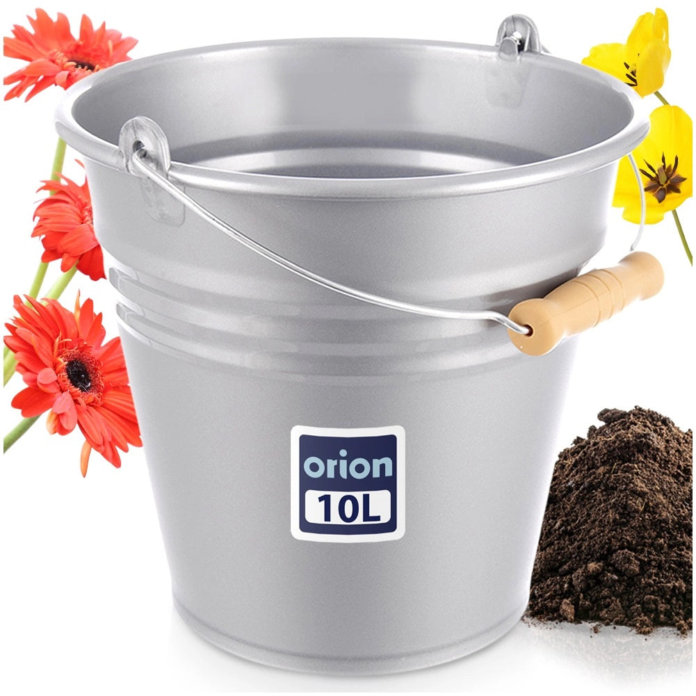 10 L Gray Plastic Bucket with Wood-Look Handle