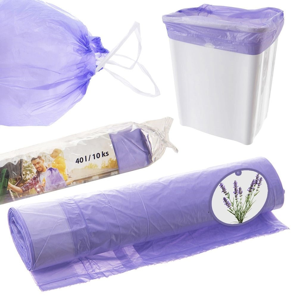10 purple garbage bags 40L HDPE with lavender scent and drawstring