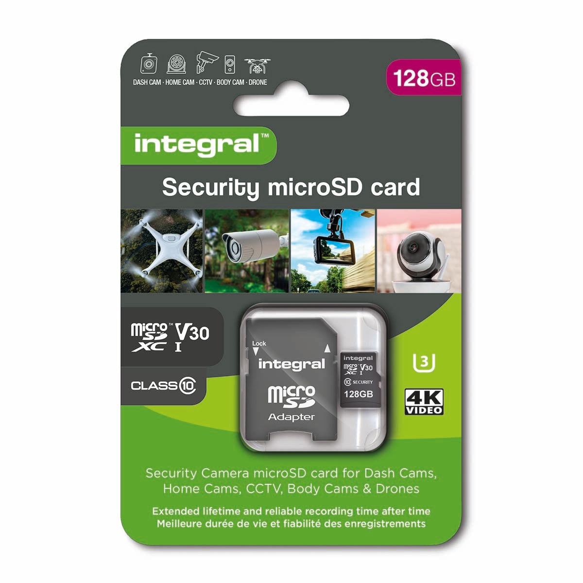 128GB security camera microSD card for dashcams, home cameras, CCTV, body cameras and drones