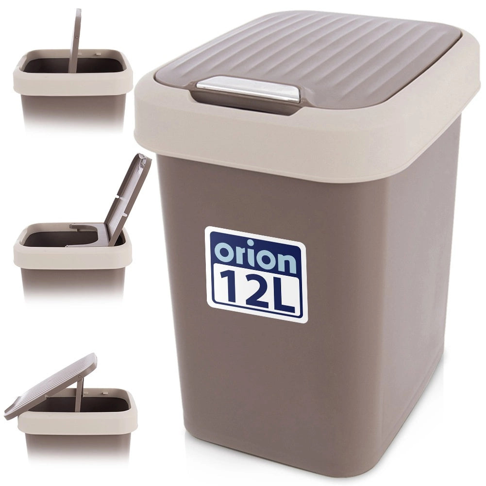 12L Brown Plastic Trash Bin with Swing Lid