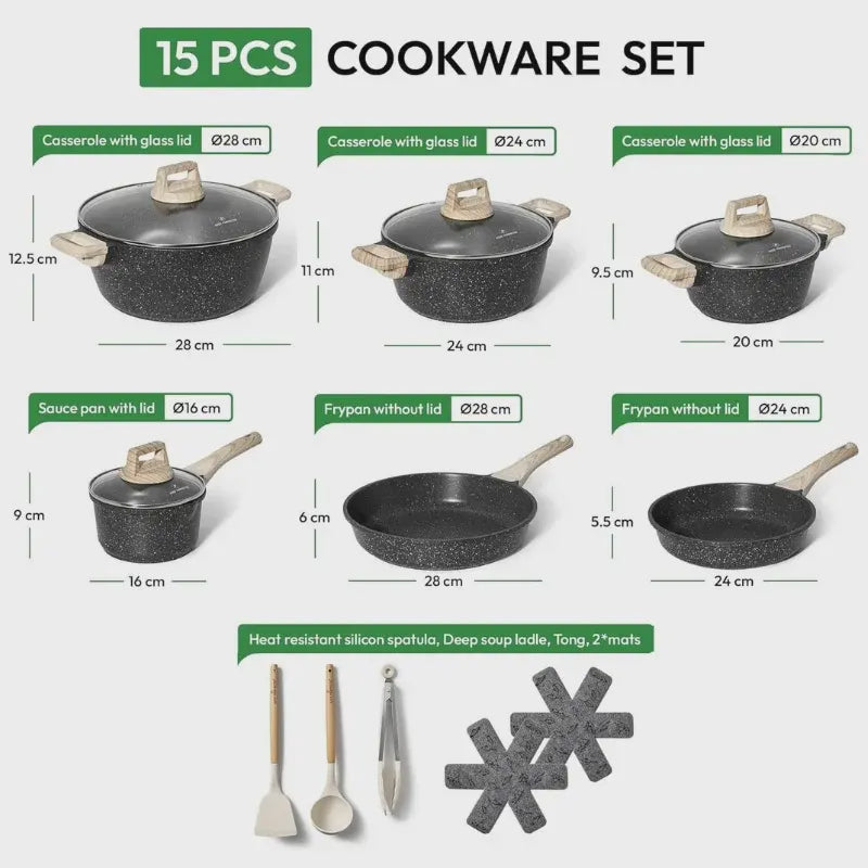 15-Piece Granite Cookware Set, Non-Stick, Induction Ready