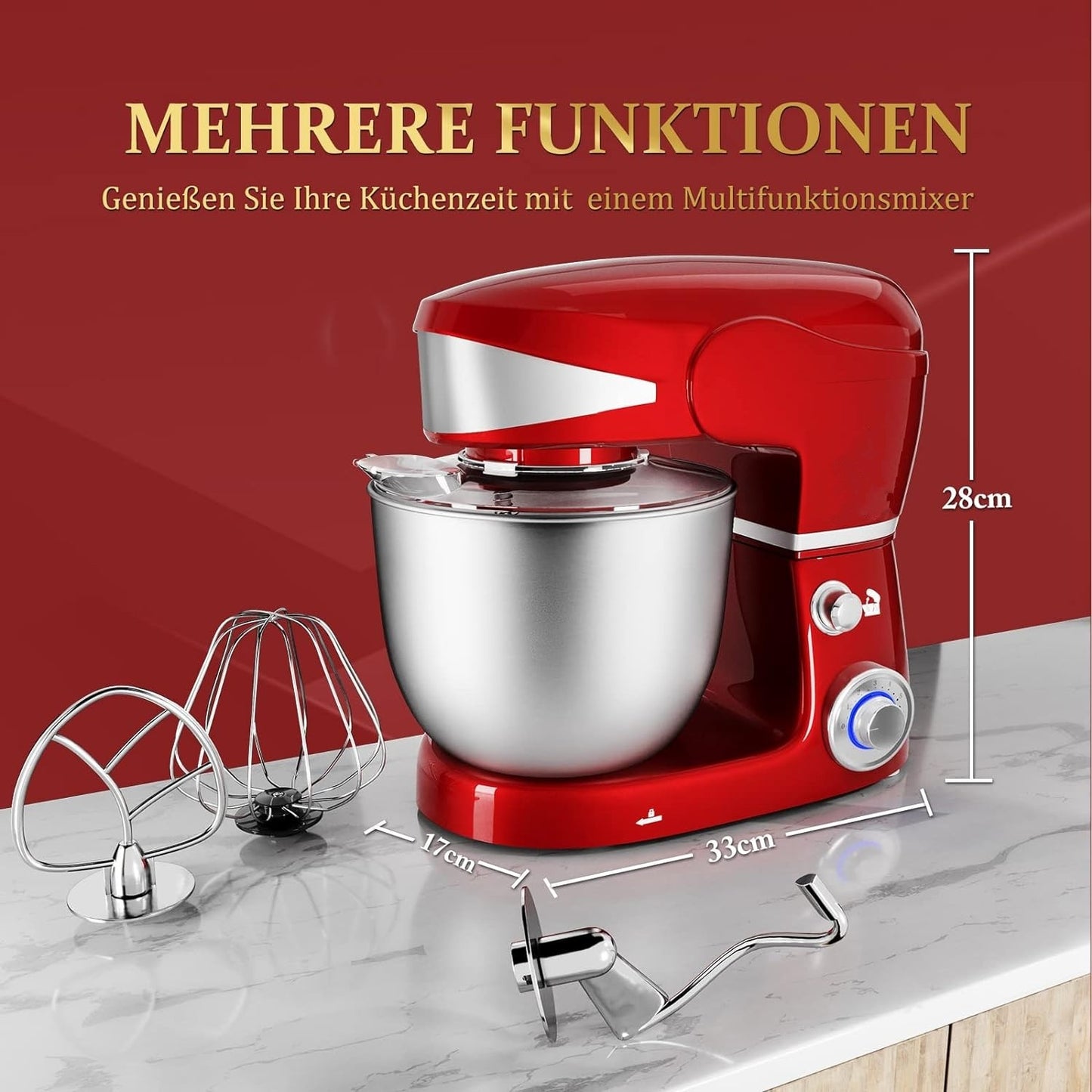 1600W 6-Speed 6L Stainless Steel Stand Mixer, Red