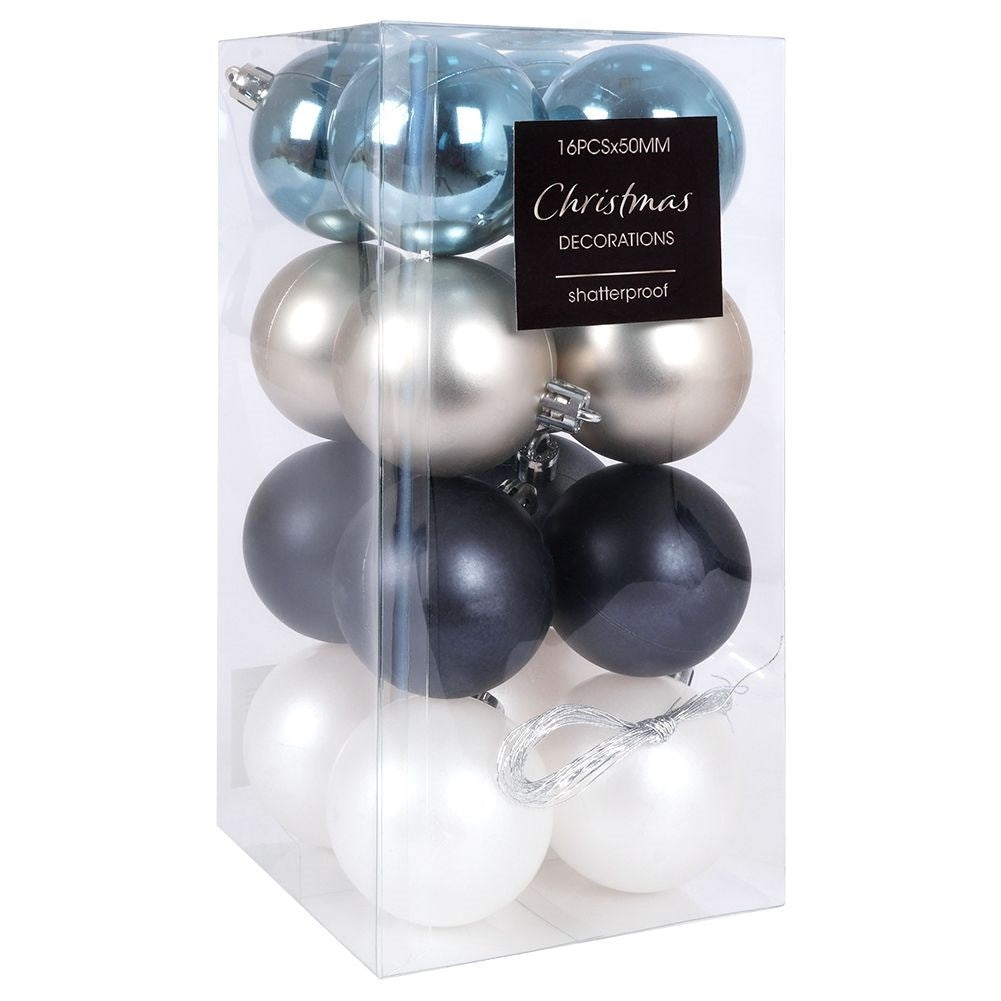 16 unbreakable Christmas tree balls: blue, silver, white, navy blue