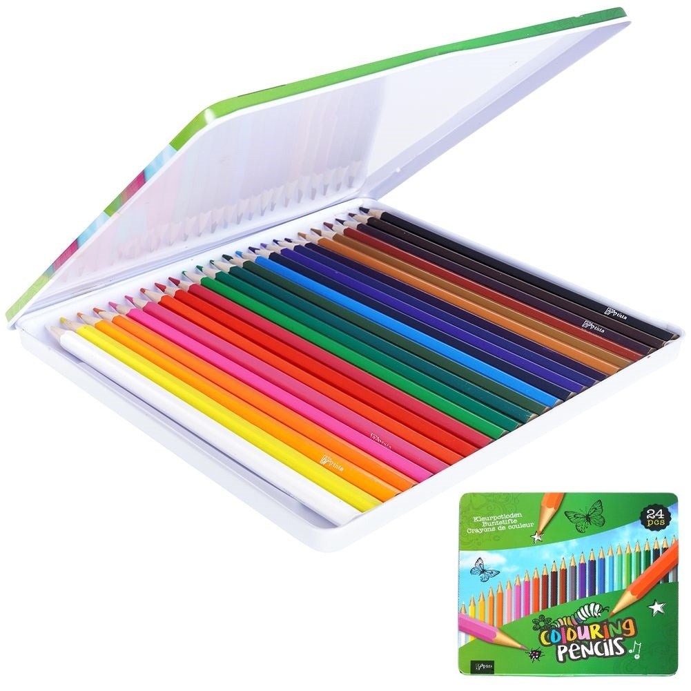 24 colored pencils in a metal box with intense colors