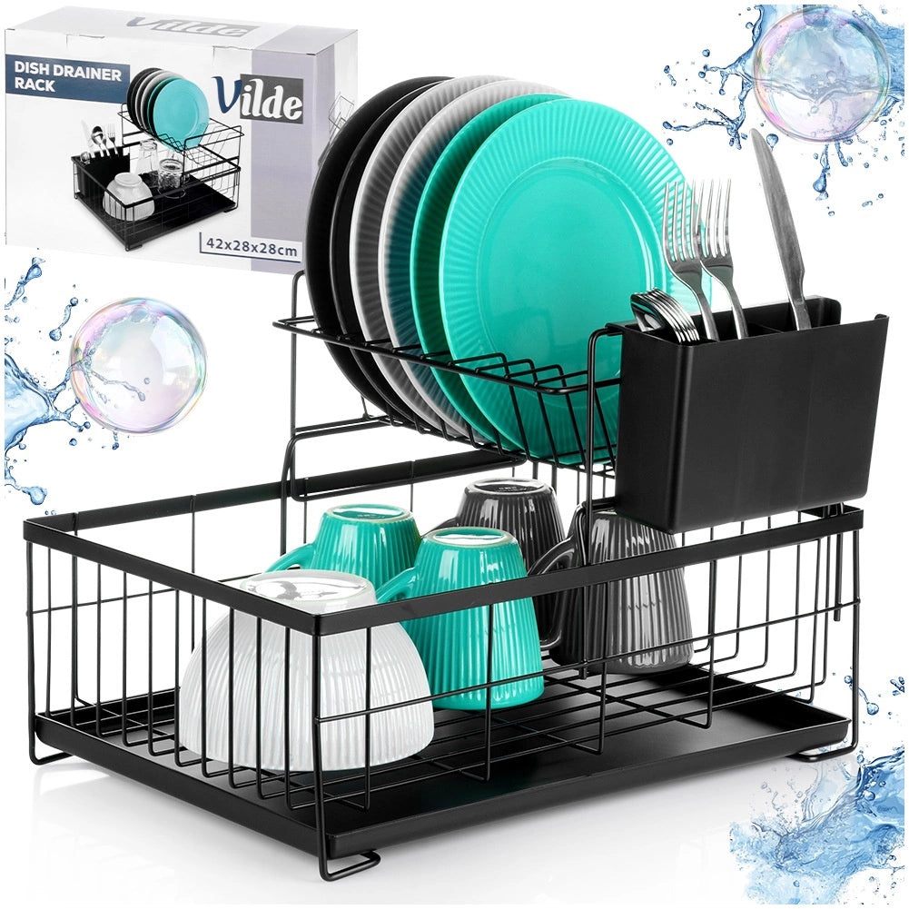 2-Tier Metal Dish Rack with Cutlery Drainer, Black