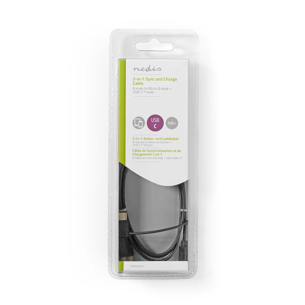 2 in 1 cable | USB 2.0 | USB-A Male | USB Micro-B Male / USB-C™ Male | 480 Mbps | 1.00 m | Nickel Plated | Round | PVC | Black | Blisters