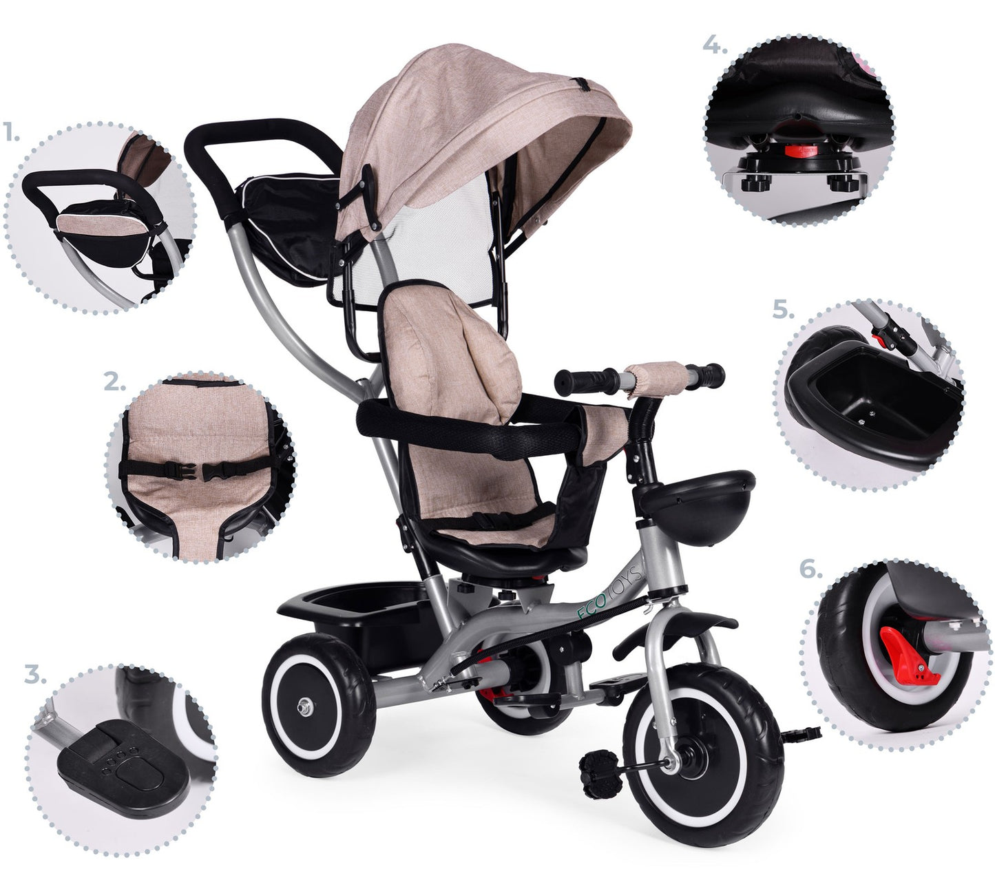 2-in-1 tricycle stroller, swivel seat, foldable canopy, beige, ECOTOYS