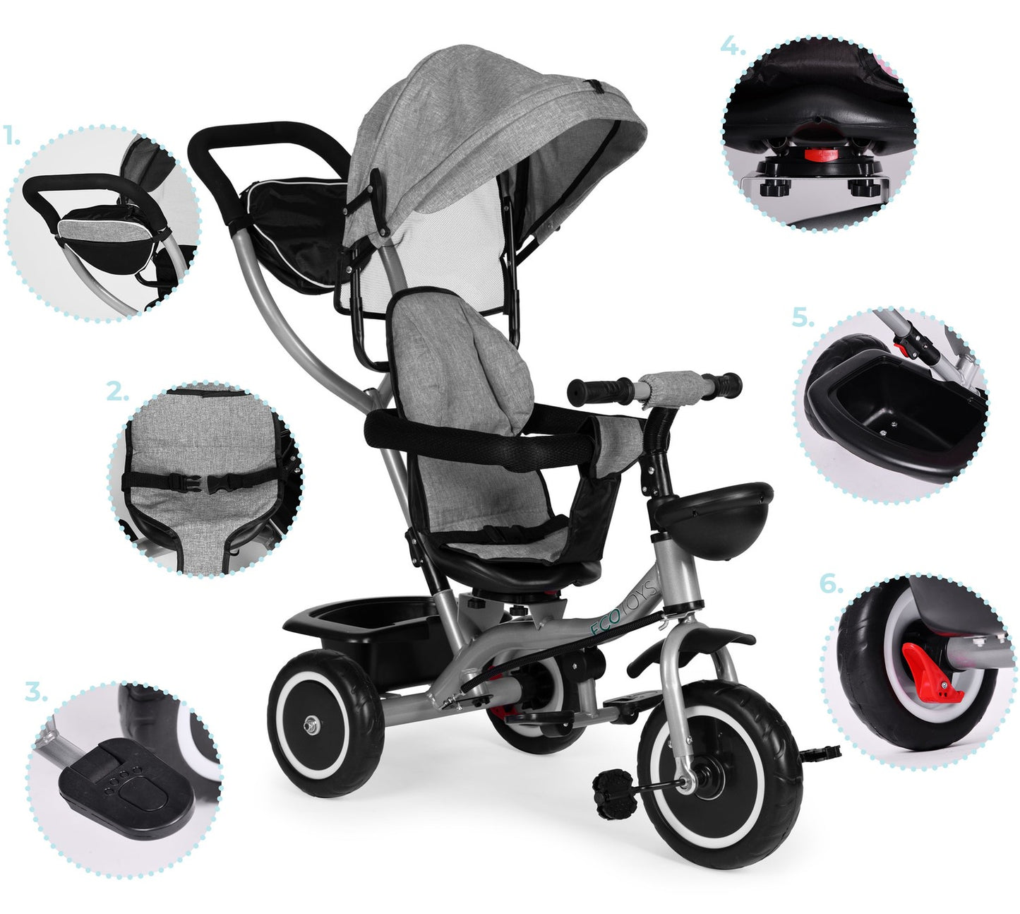 2-in-1 tricycle stroller, swivel seat, foldable canopy, gray, ECOTOYS