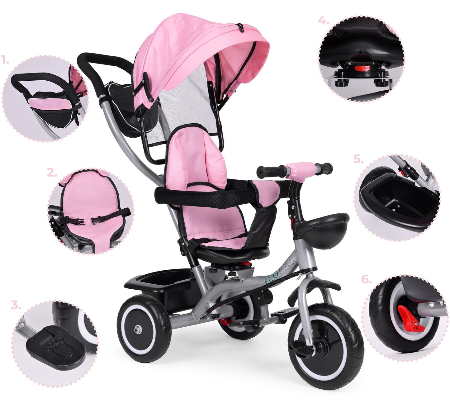 2-in-1 tricycle stroller, swivel seat, foldable canopy, pink, ECOTOYS