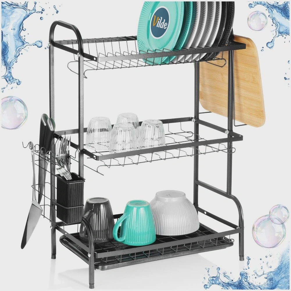 3-Tier Metal Dish Rack, Black, 54.5x24.5x60 cm