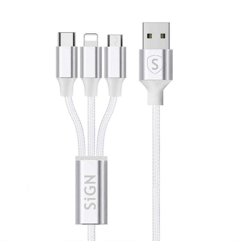 3-in-1 Cable 0.25m - Lightning, USB-C, Micro-USB 5V, 3A - White