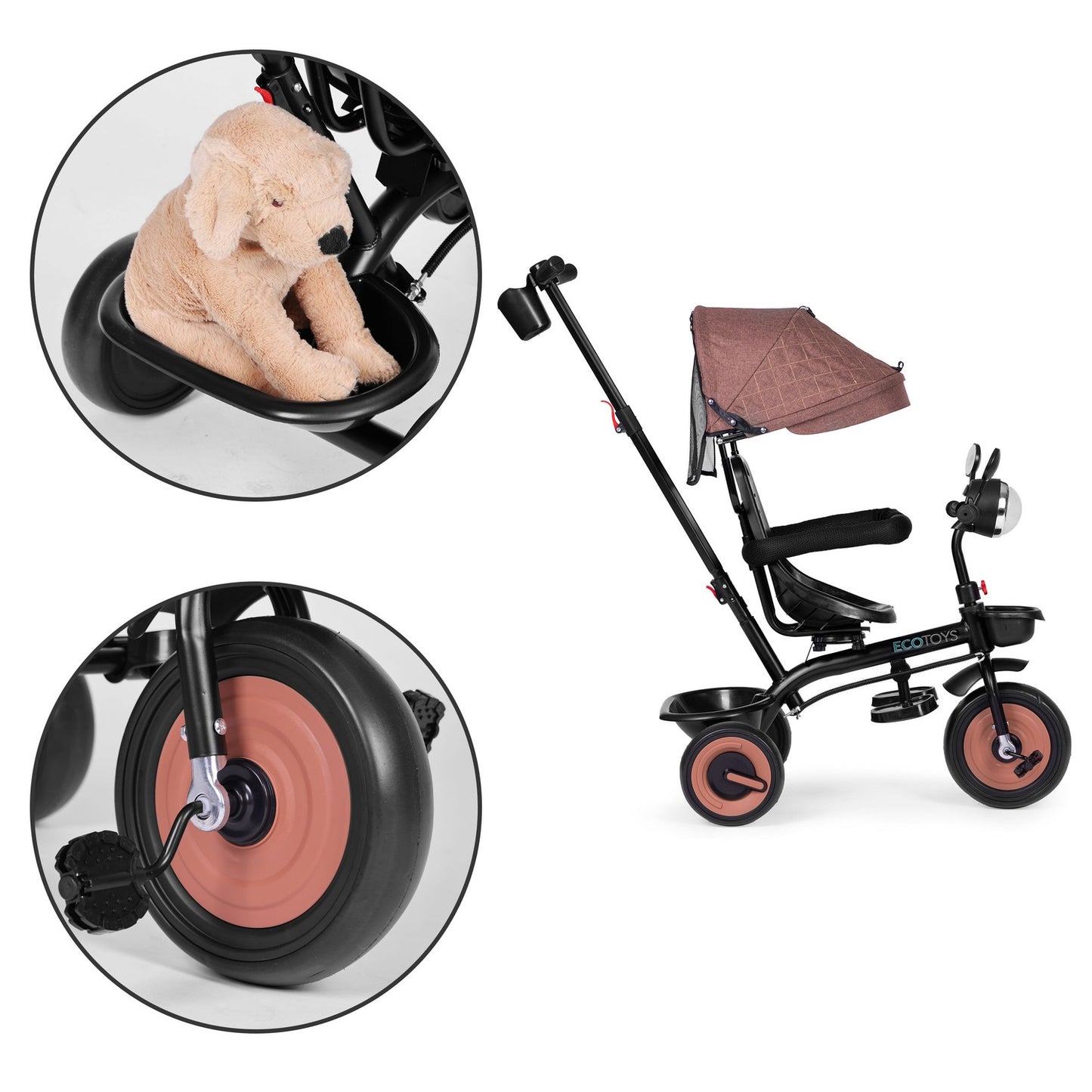 3-in-1 tricycle stroller for children with swivel seat, canopy, brown, ECOTOYS