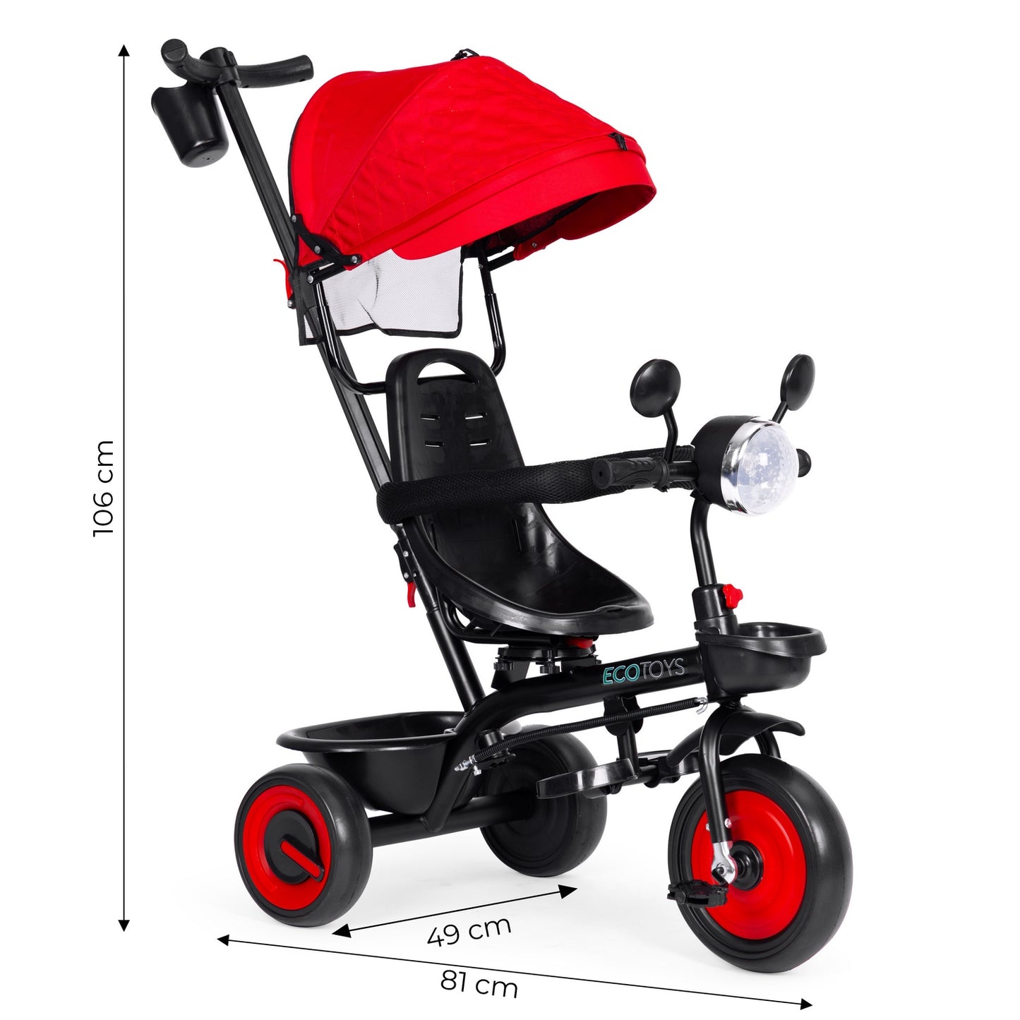3-in-1 tricycle stroller for children with swivel seat, canopy, red, ECOTOYS