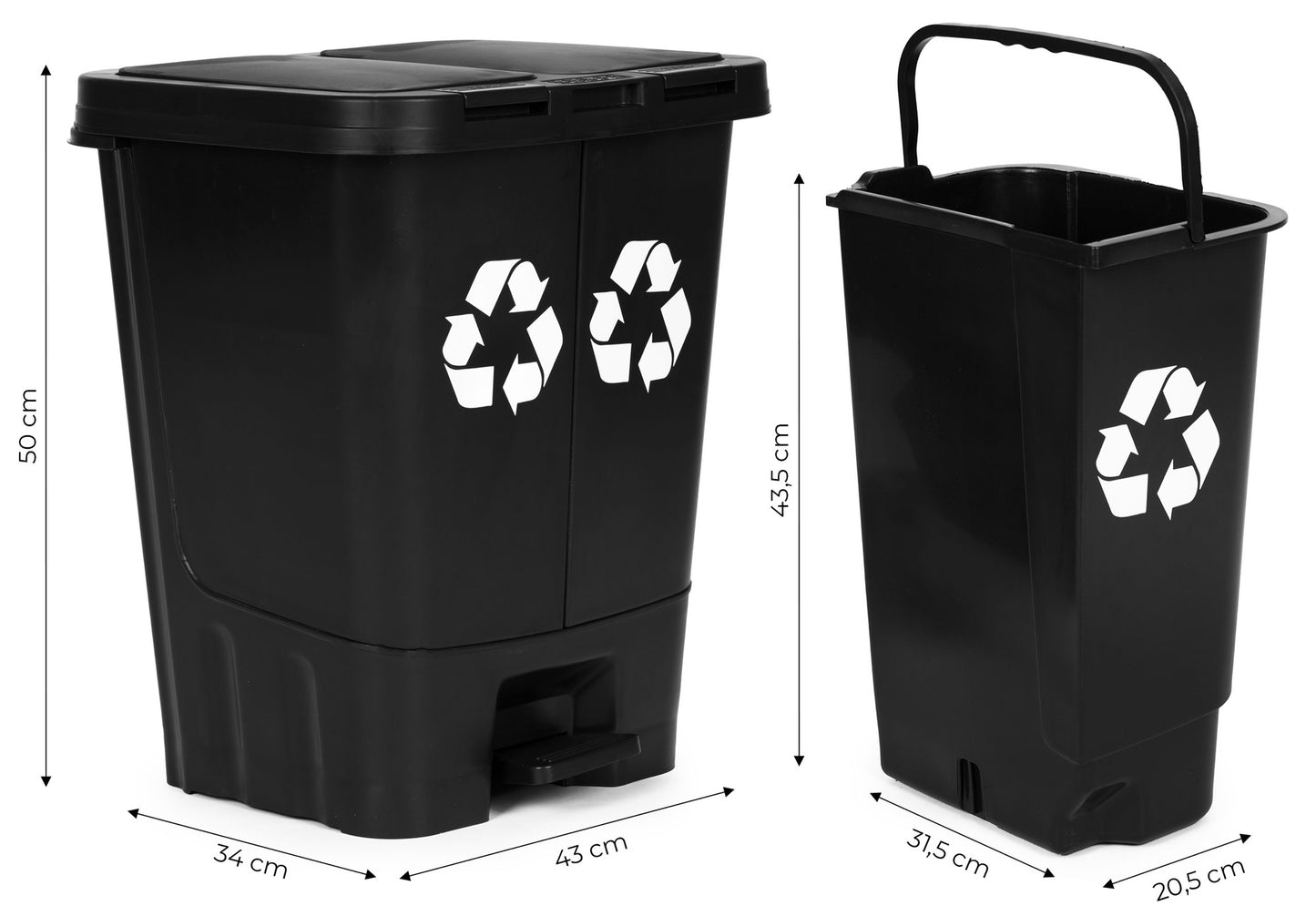 40L Dual Compartment Trash Can – Black, Pedal Open