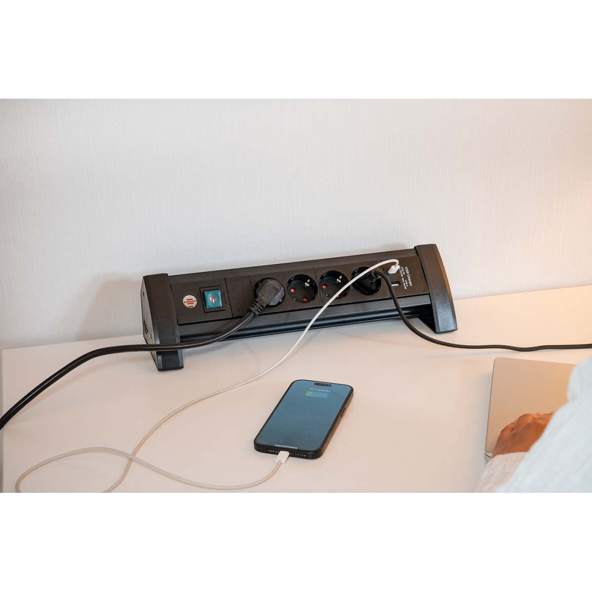 4-Way Power Strip with USB C PD, 1.8m Cable, Black