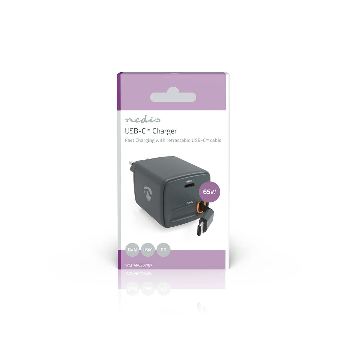 65W GaN Wall Charger with USB-C Retractable Cable