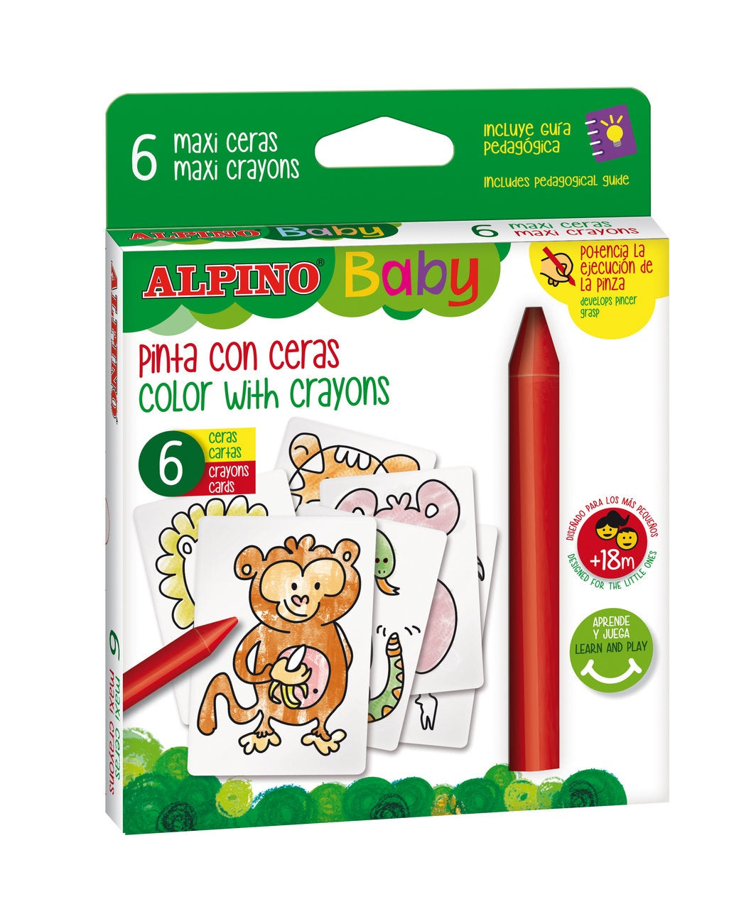 ALPINO BABY Thick wax crayons 6 colours + jungle cards