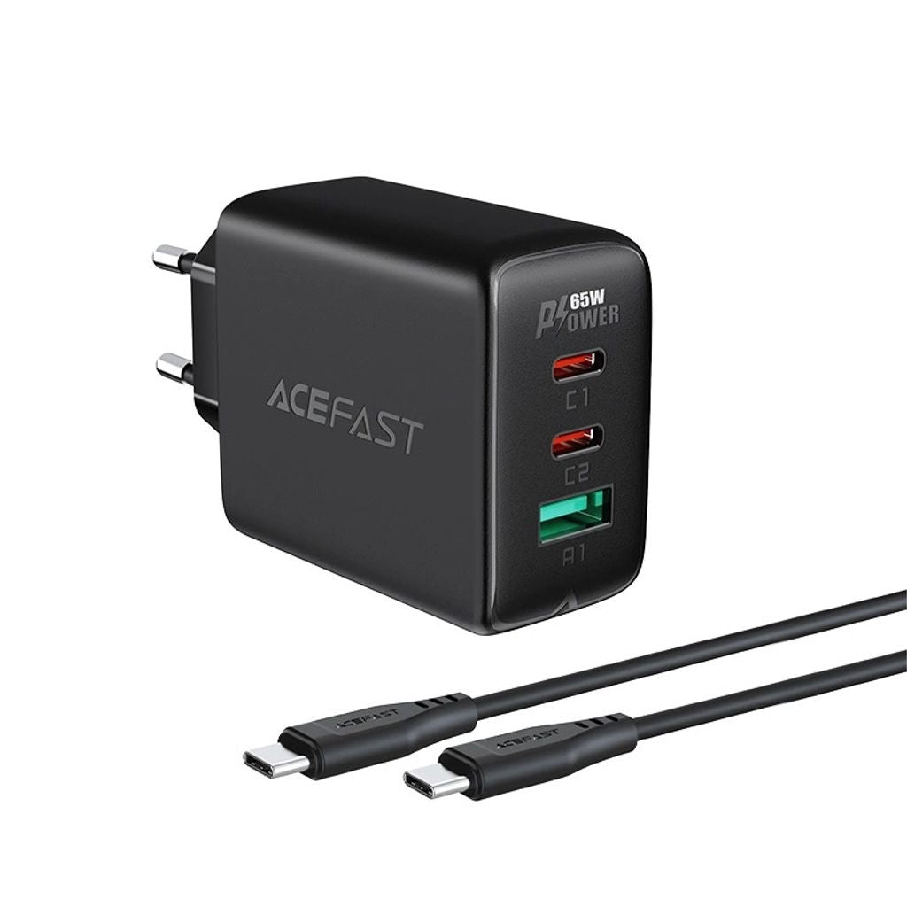 Acefast 2in1 wall charger 2x USB-C / 1x USB-A, 65W, PD, QC 3.0, AFC, FCP + USB-C cable, 1.2m - Black