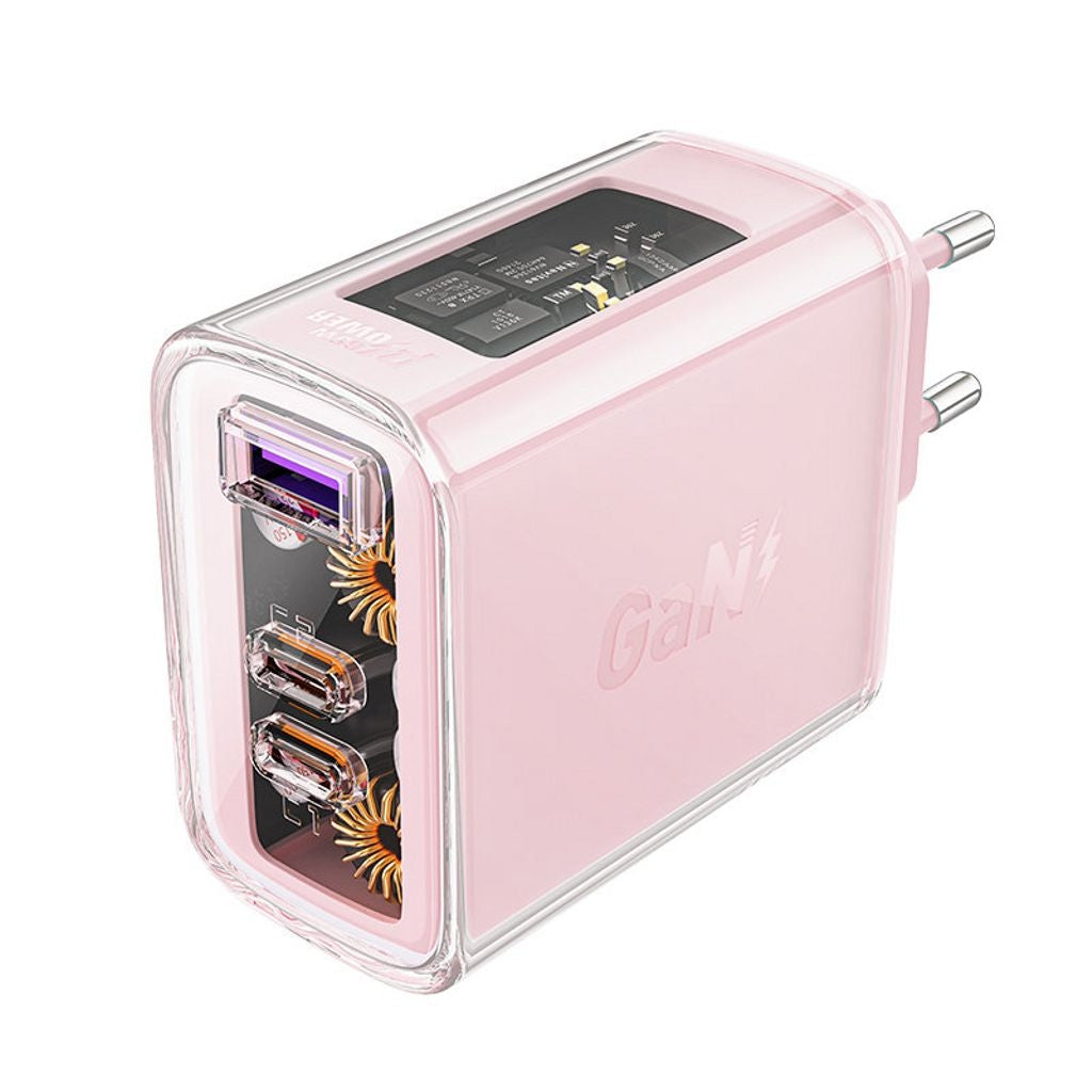 Acefast charger GaN 65W, 3 ports (1xUSB, 2xUSB-C) - Pink