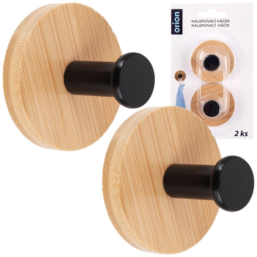 Adhesive Wall Hooks, Bamboo & Metal, Black, 5 cm, 2-Pack