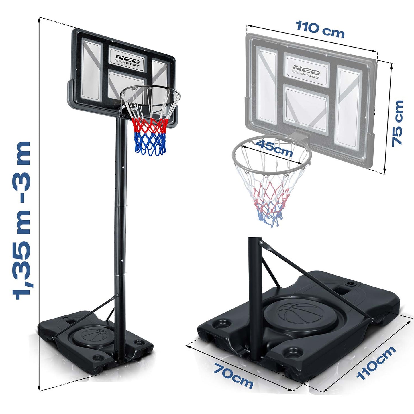 Adjustable Basketball Hoop 1.35m-3m for Kids & Adults