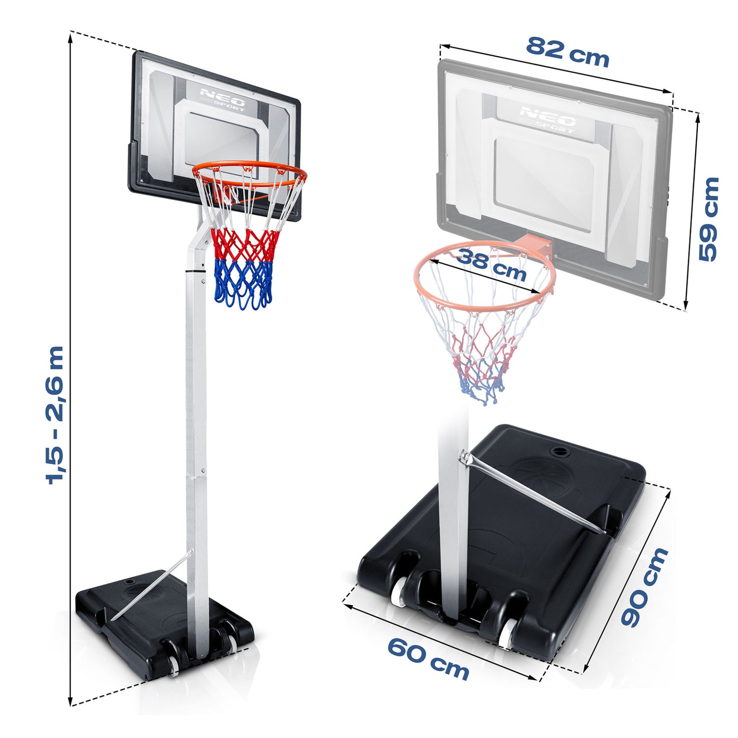 Adjustable Basketball Hoop 1.5m-2.6m, Mobile and Stable
