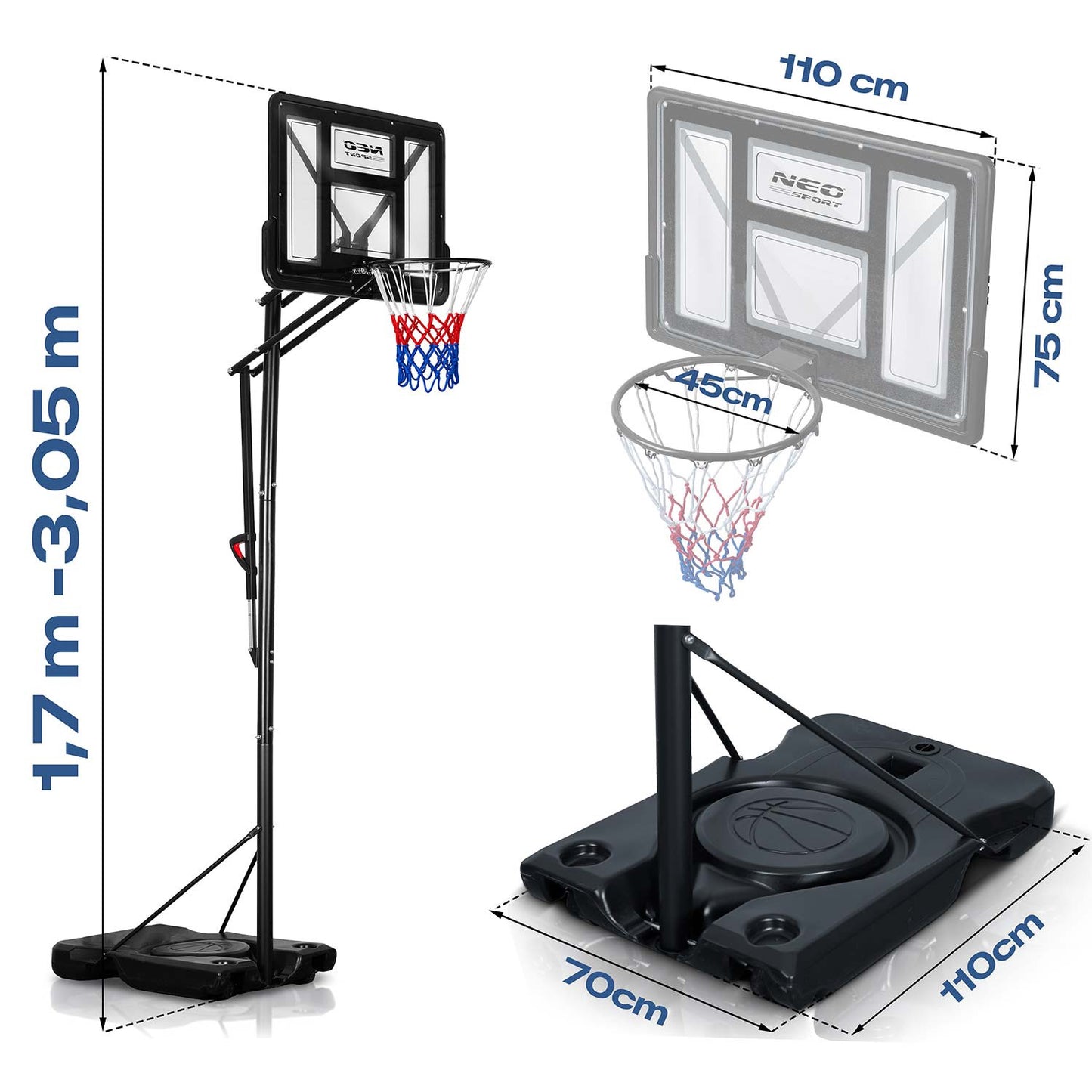 Adjustable Basketball Hoop 1.7-3.05m with Wheels