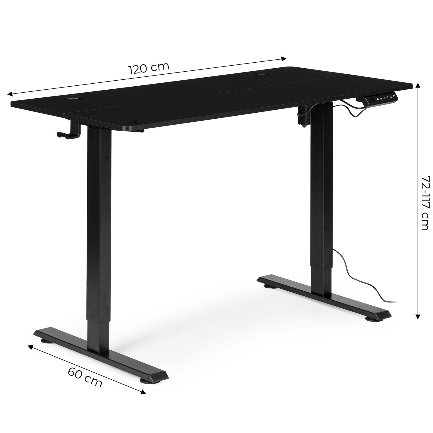 Adjustable Electric Desk, 120x60 cm, Height 72–117 cm, Black