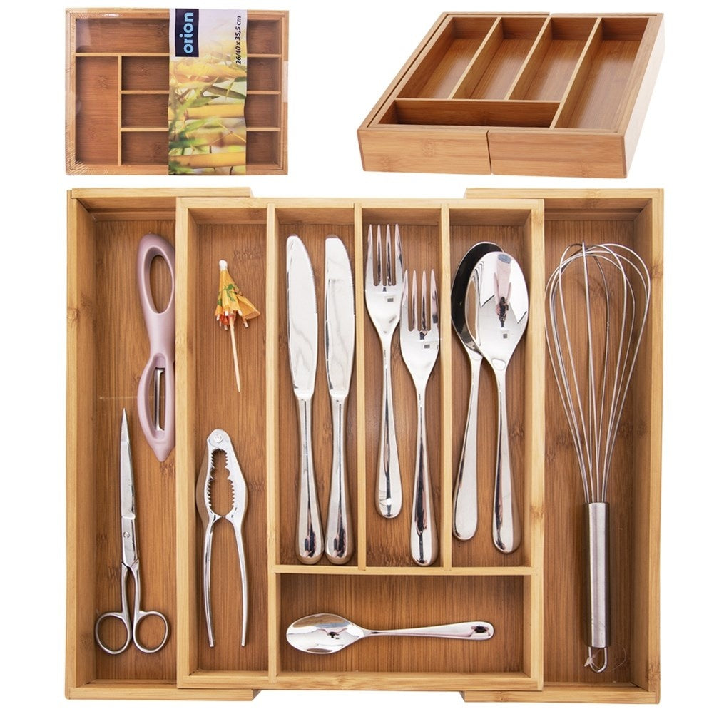 Adjustable bamboo organizer for cutlery and kitchen utensils
