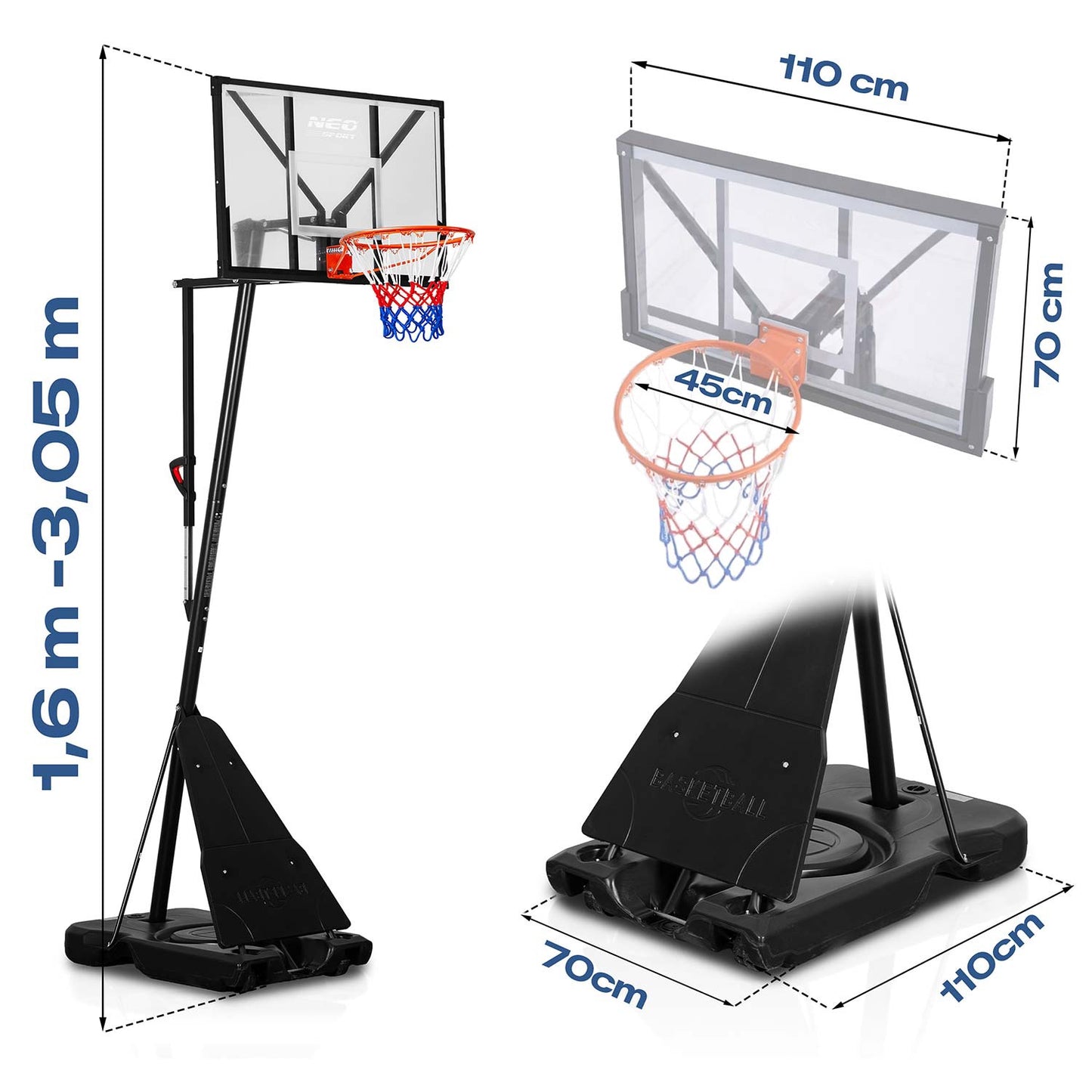 Adjustable basketball basket 160-305cm, stable, large, Neo-Sport NS-284