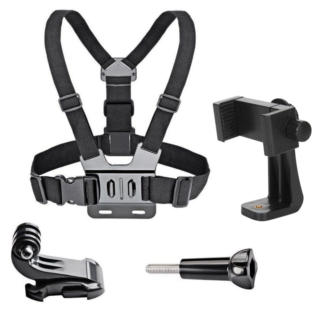 Adjustable harness for action camera + rotating phone stand