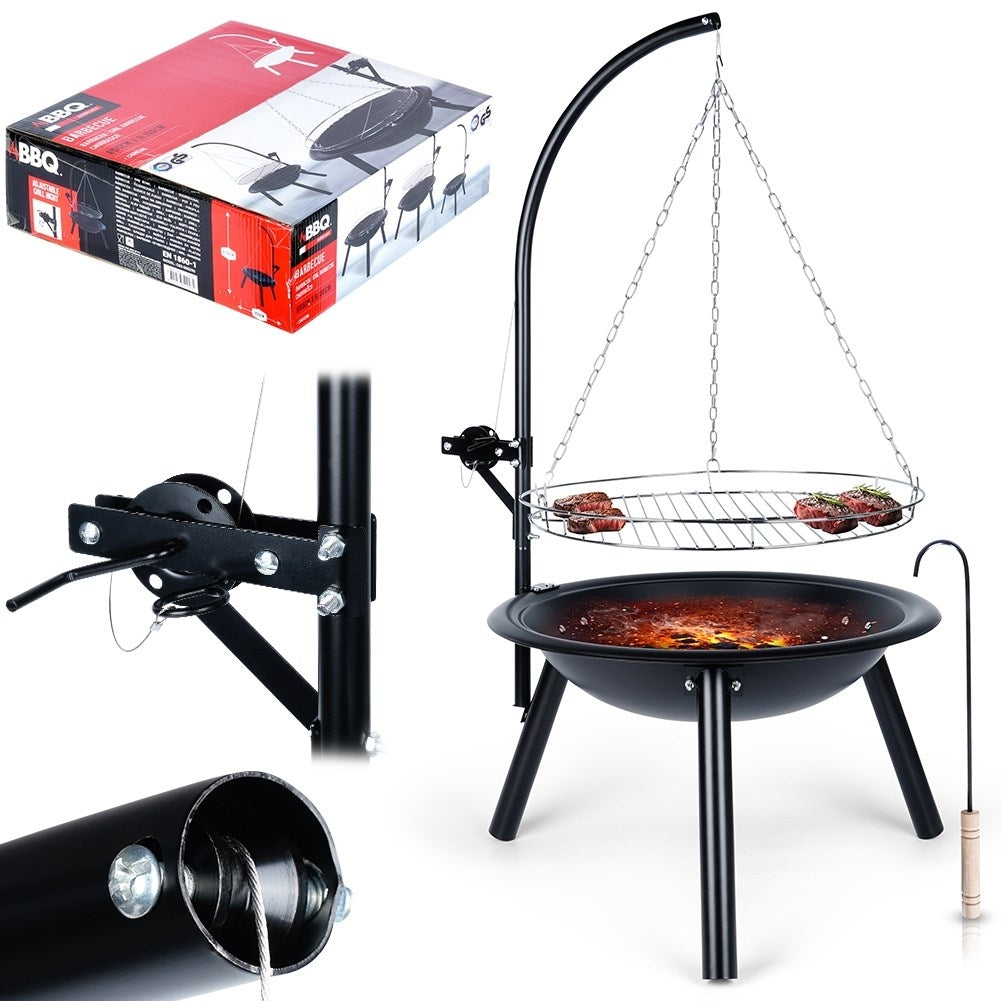 Adjustable metal fireplace with hanging grill grate for the garden