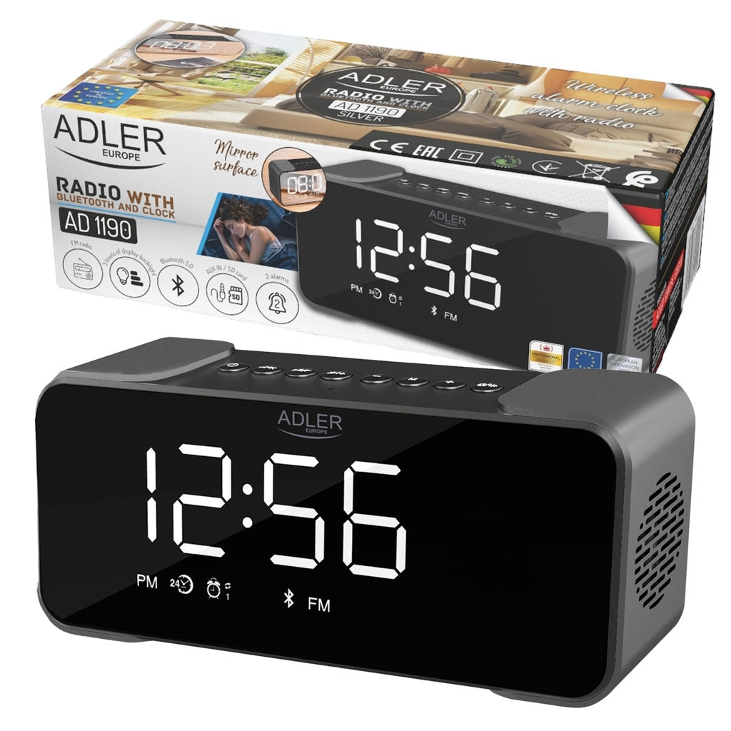 Adler AD 1190 Silver wireless portable alarm clock radio Bluetooth USB AUX SD card 2600mAh