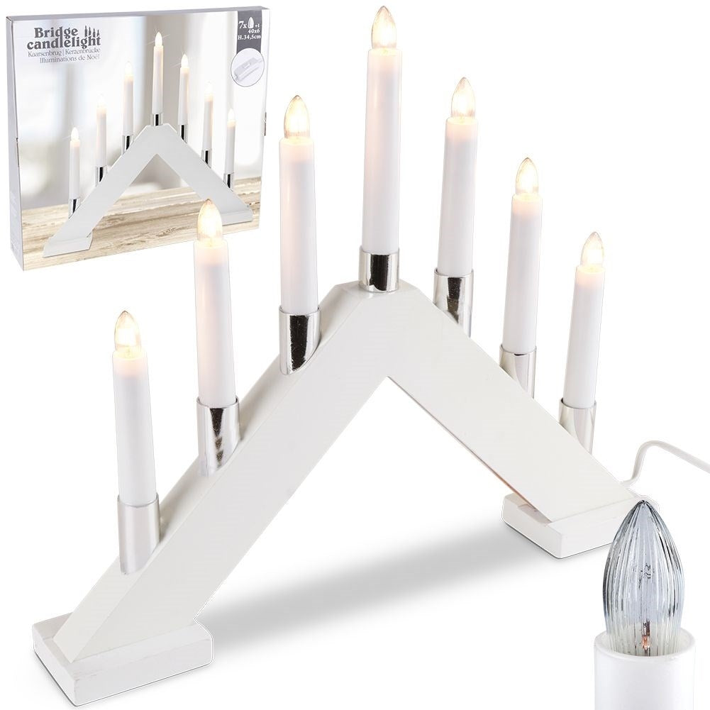 Advent candle holder with seven LED lights and white wooden base