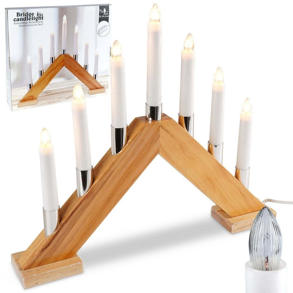 Advent candlestick with 7 LED lights on wooden base, 1.5m cable