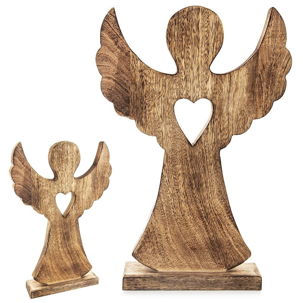 Angel in mango wood with heart - natural decoration