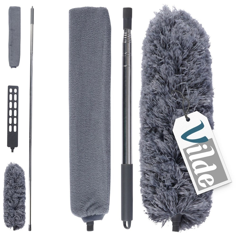 Antistatic dust brush with telescopic handle and two brush heads