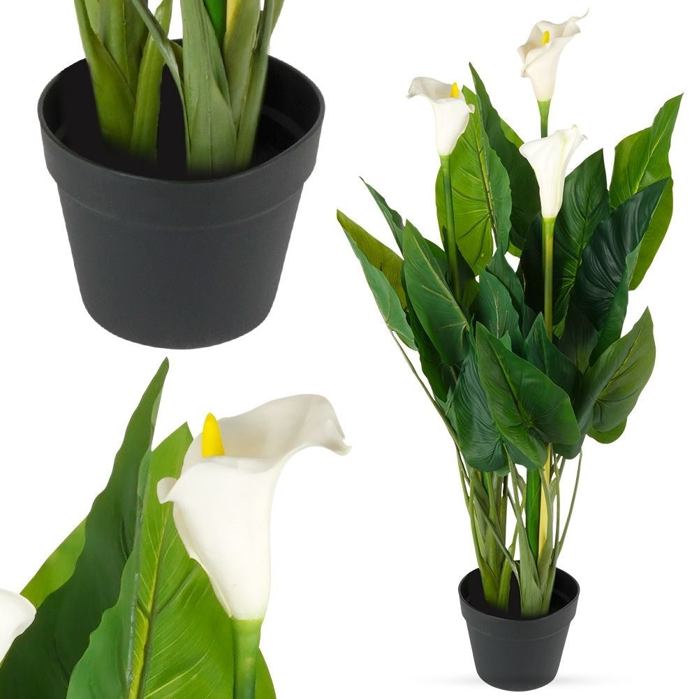 Artificial cold plant with three flowers in black pot