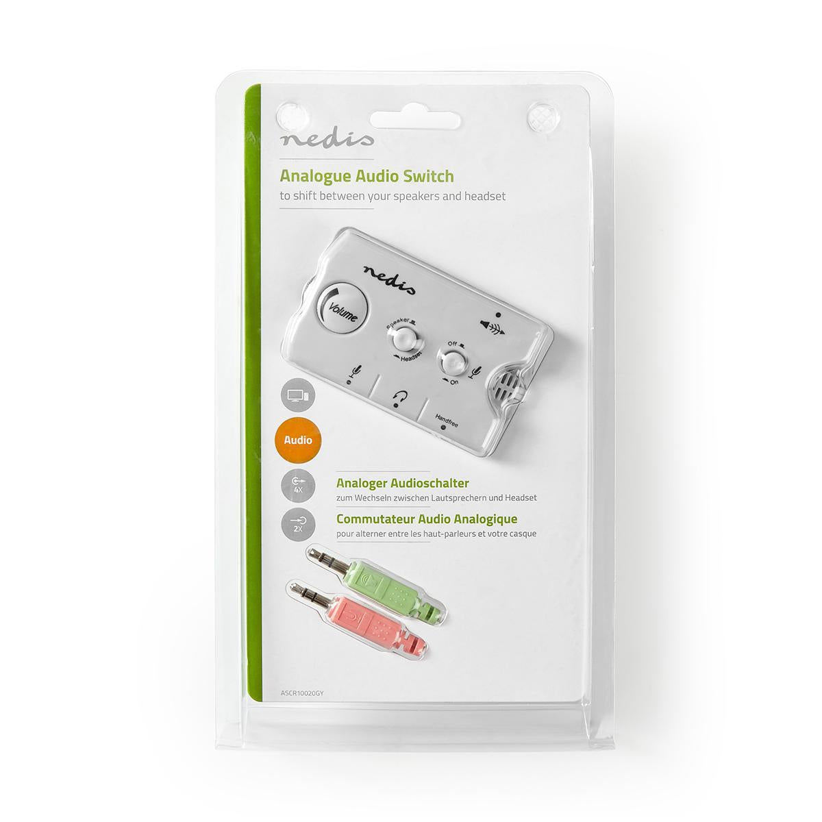 Audio switch | Connection input: 2x 3.5 mm Male | Connection output: 3x 3.5 mm female + 2.5 mm female | Function control: Instruction book | Number of buttons: 3