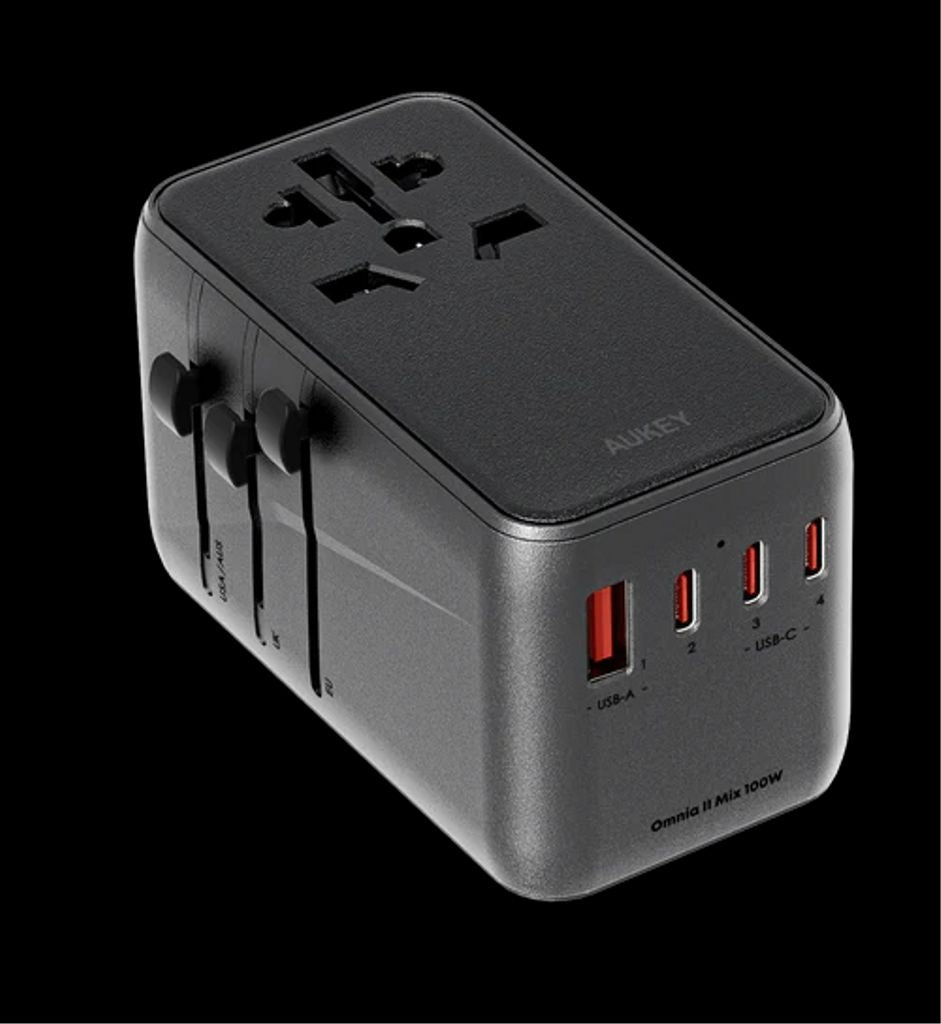 Aukey Universal travel adapter with 4x USB-C and 1x USB-A port, 100W - Gray