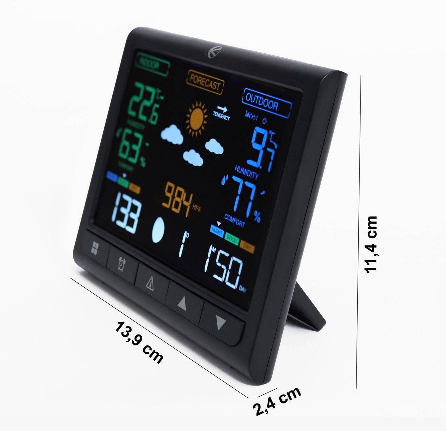 Backlit wireless weather station with outdoor sensor, LCD display, thermometer, barometer, clock