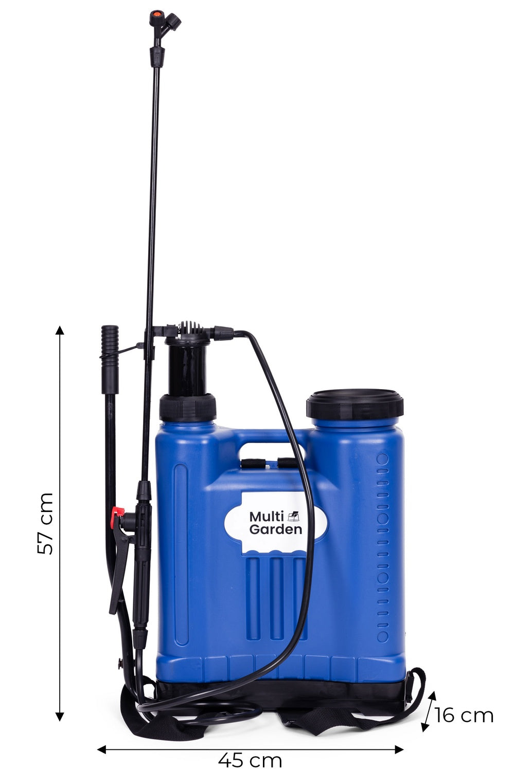 Backpack pressure sprayer 16L, garden, handheld, 2-4 bar, long lance, 4 nozzles, straps, MultiGarden