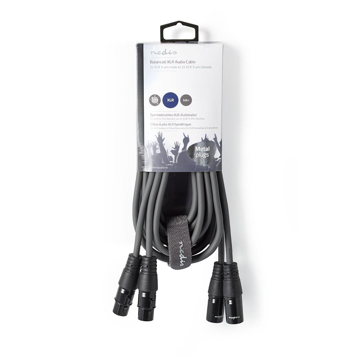 Balanced audio cable | 2x XLR 3-Pin Male | 2x XLR 3-Pin Female | Nickel Plated | 3.00 m | Round | PVC | Dark gray | Cardboard sleeve