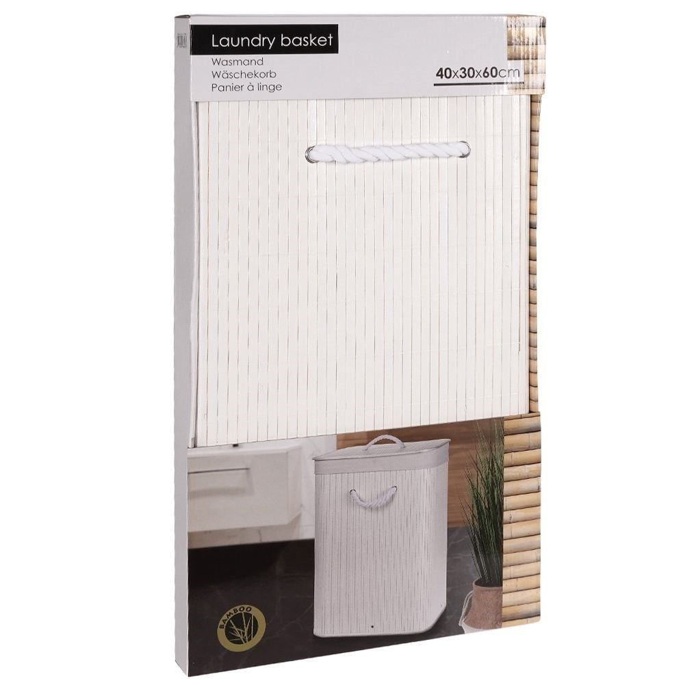 Bamboo basket in white with removable lid and inner lining