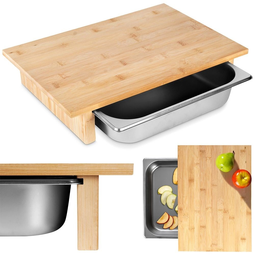 Bamboo cutting board with extendable steel container