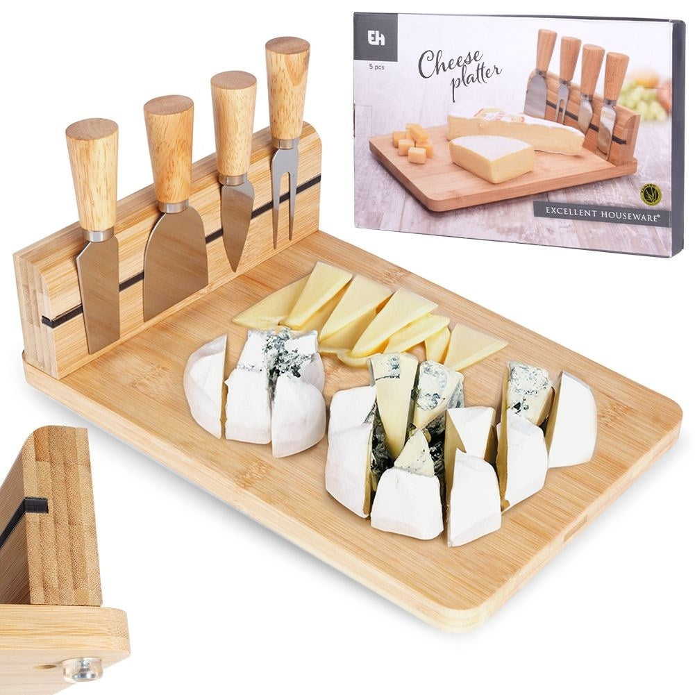 Bamboo cutting board with knife set and magnetic strip for cheeses