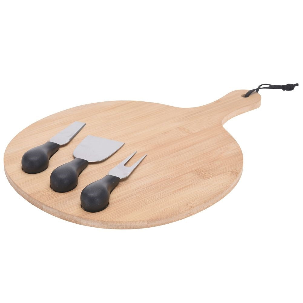 Bamboo cutting board with knife set for cheese cutting and serving