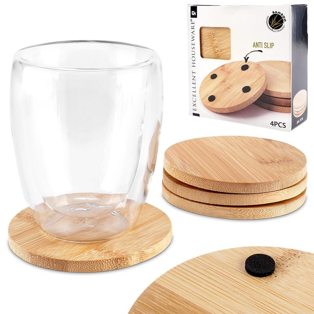 Bamboo wooden coasters for hot mugs - non-slip, natural