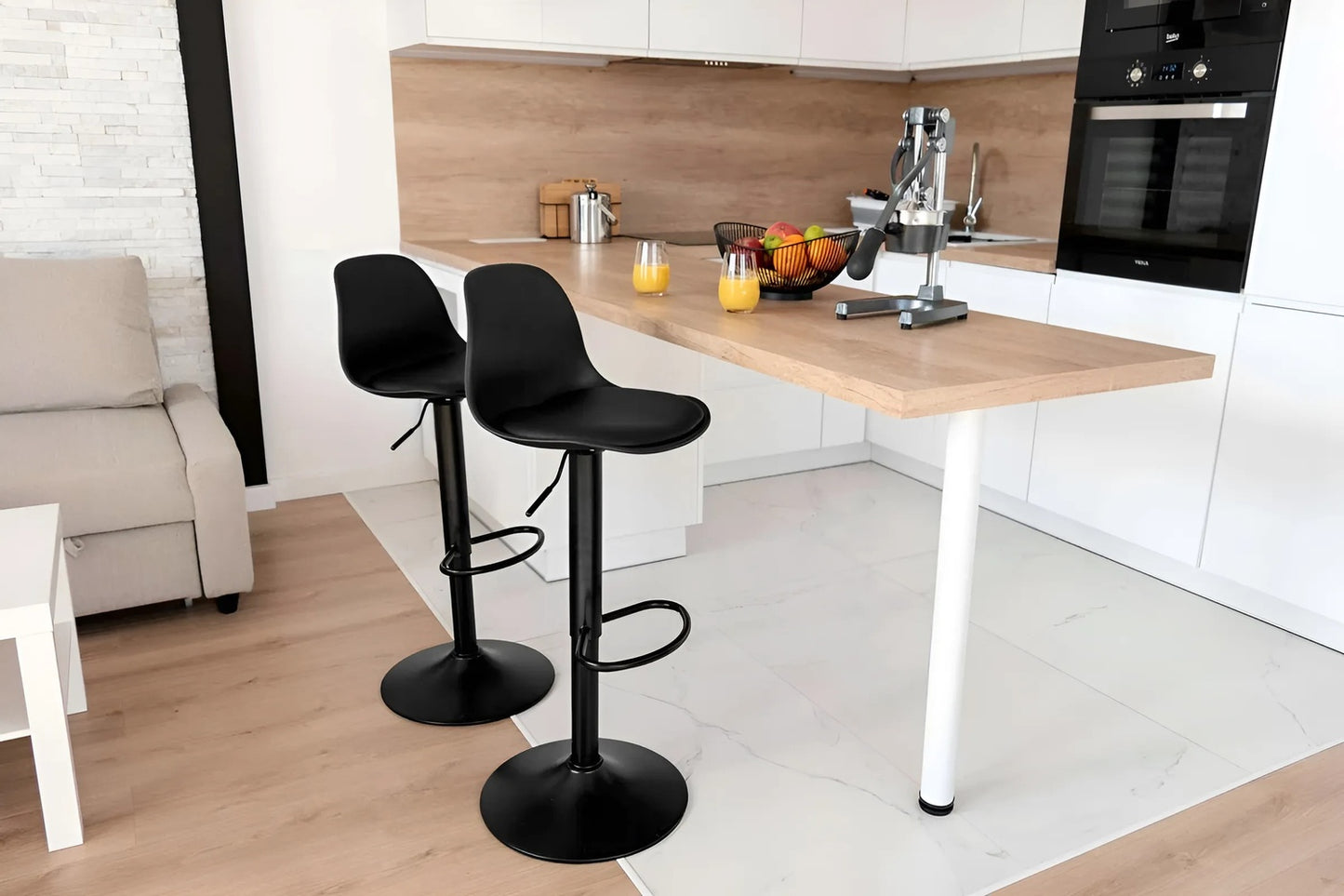 Bar stool, swivel footrest, height adjustable, black eco-leather
